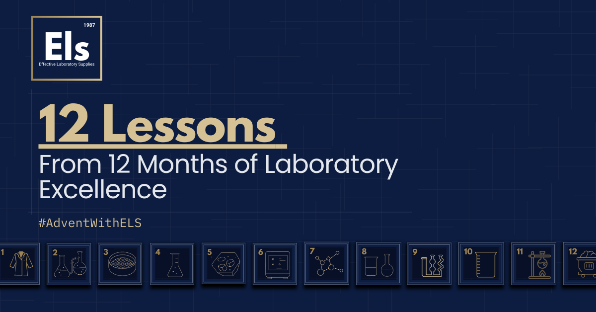 Effective Laboratory Supplies advent calendar design titled “12 Lessons from 12 Months of Laboratory Excellence”, shown in a navy blueprint style with gold laboratory and mining icons numbered one to twelve.